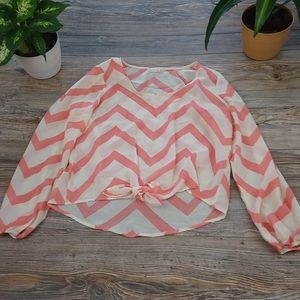 Chevron Semi Sheer Long Sleeve Tie Front Lightweight Blouse Top